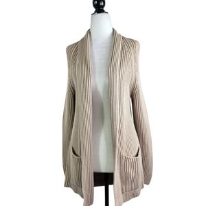 Vince 100% Cotton Ribbed Knit Open Front Cardigan in neutral beige